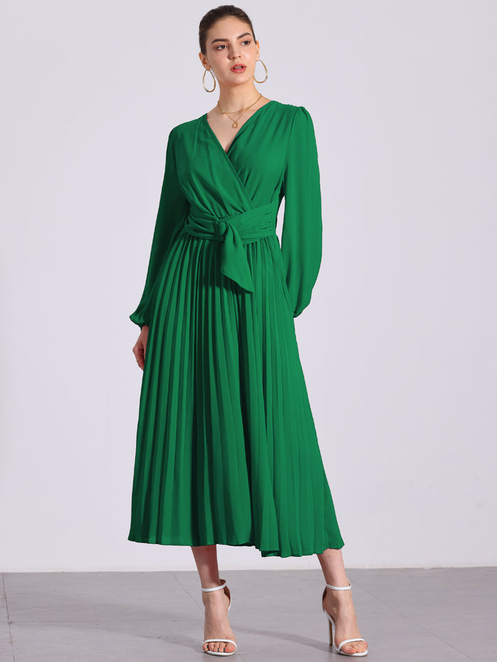 allegra k Pleated V Neck Puff Sleeve Tie Waist A-Line Maxi Dress