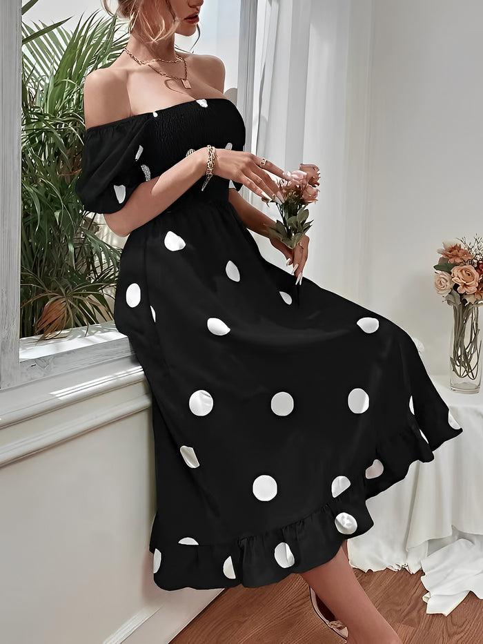 Allegra K Polka Dot Off Shoulder Smocked Ruffled Midi Dress