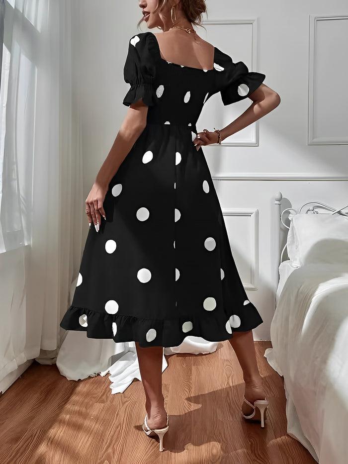 Allegra K Polka Dot Off Shoulder Smocked Ruffled Midi Dress