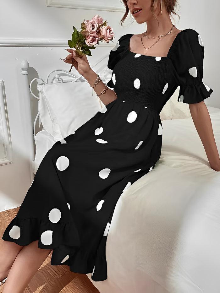 Allegra K Polka Dot Off Shoulder Smocked Ruffled Midi Dress