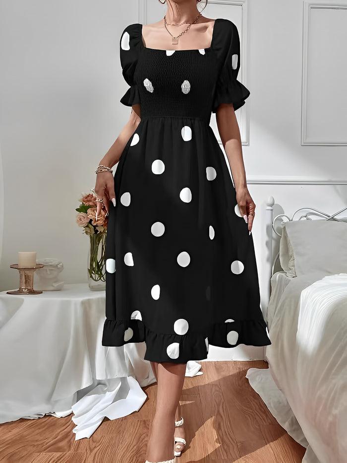 allegra k Polka Dot Off Shoulder Smocked Ruffled Midi Dress