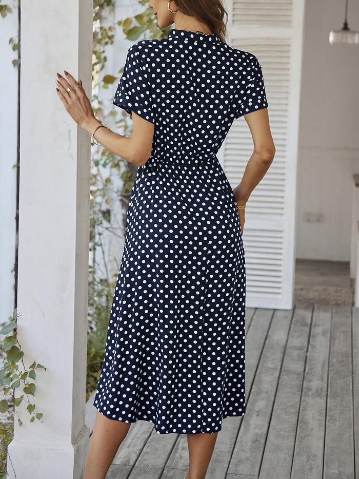 Allegra K Polka Dot Short Sleeves Button Midi Shirt Dress