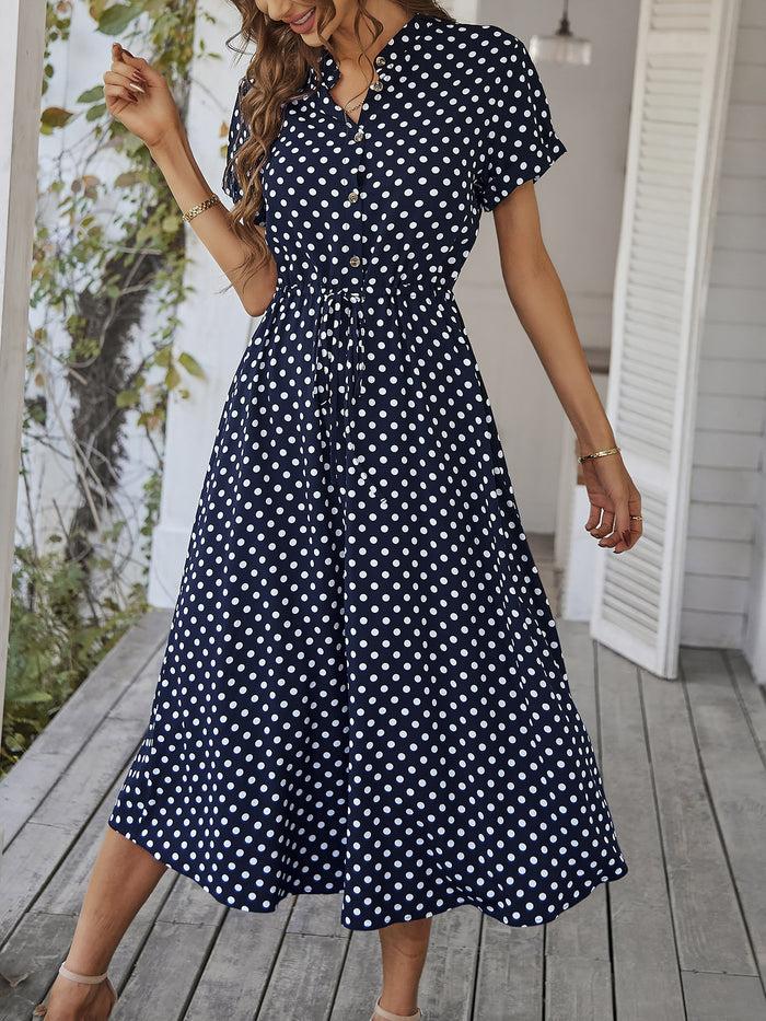 Allegra K Polka Dot Short Sleeves Button Midi Shirt Dress