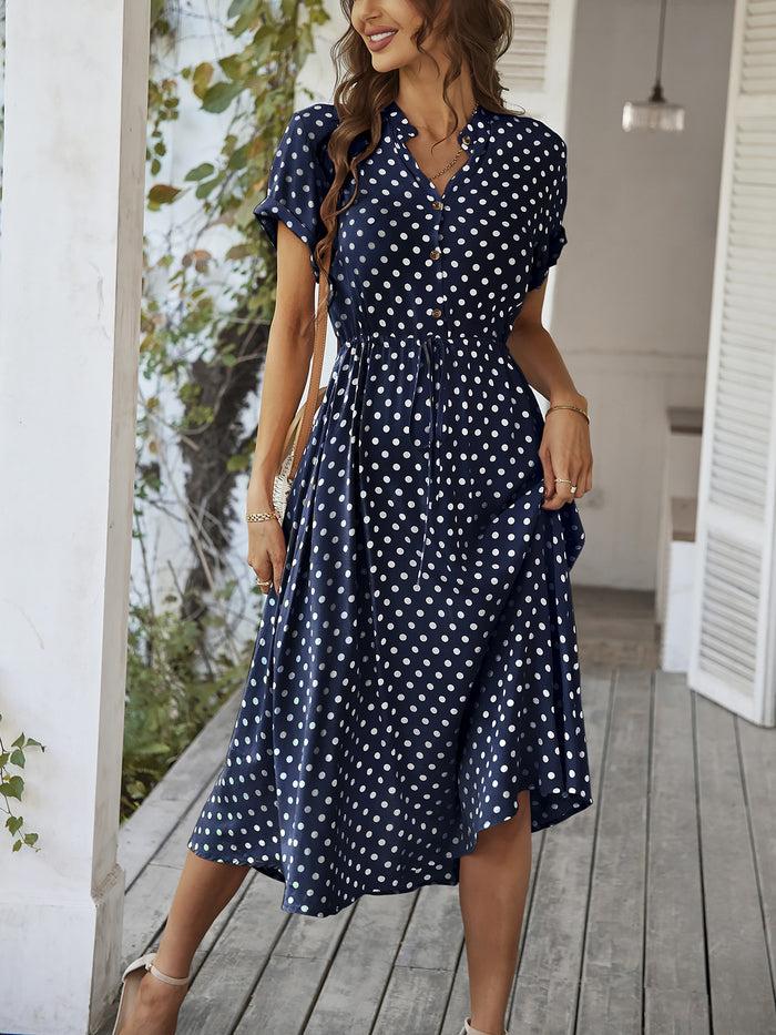 allegra k Polka Dot Short Sleeves Button Midi Shirt Dress