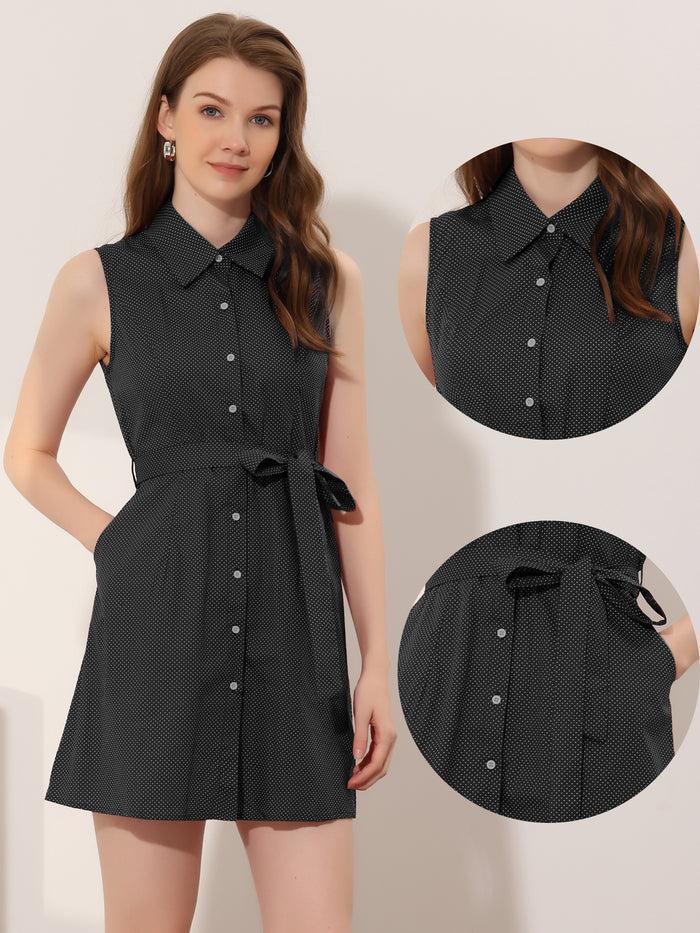 Allegra K Polka Dot Sleeveless Belted Retro Button Down Shirt Dress