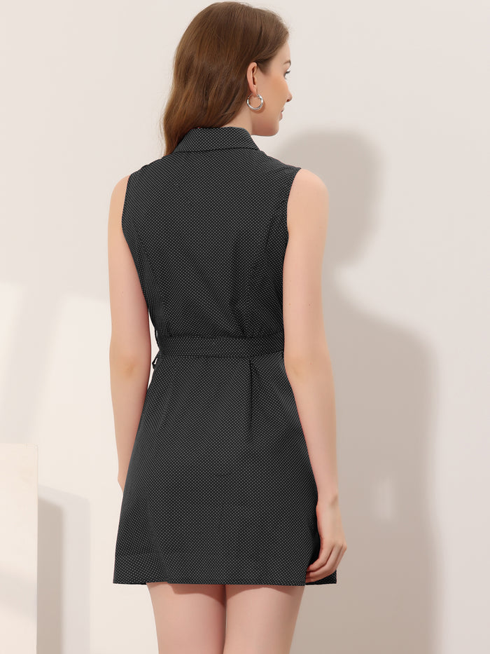 Allegra K Polka Dot Sleeveless Belted Retro Button Down Shirt Dress