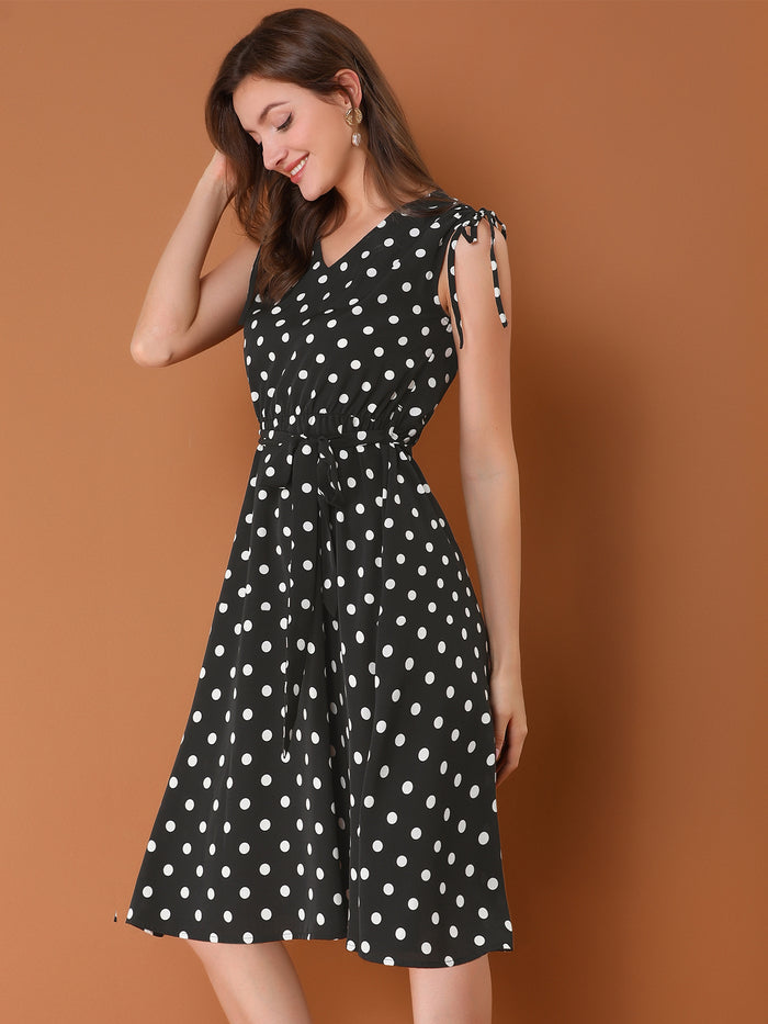 Allegra K Polka Dots 1950s Vintage V Neck A-Line Sleeveless Midi Dress