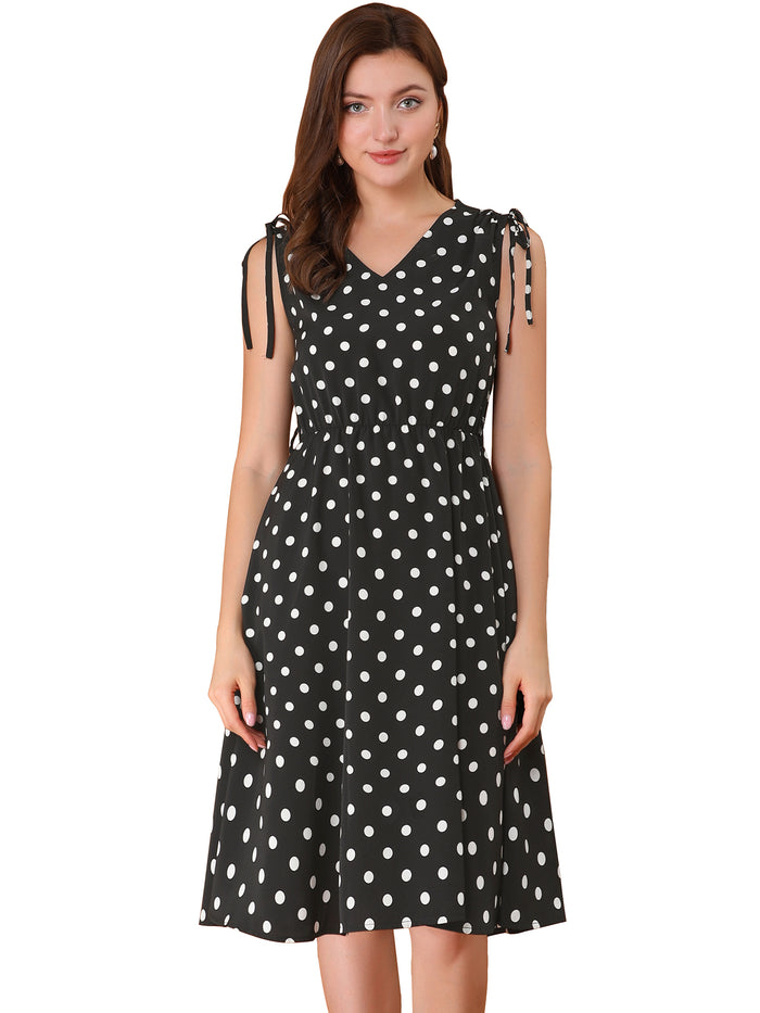 Allegra K Polka Dots 1950s Vintage V Neck A-Line Sleeveless Midi Dress