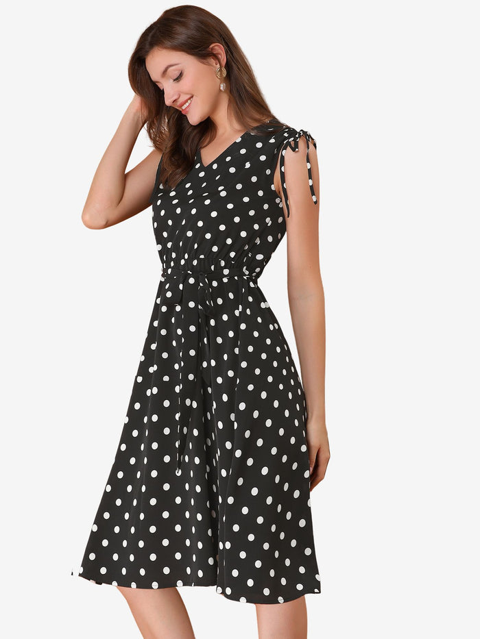 allegra k Polka Dots 1950s Vintage V Neck A-Line Sleeveless Midi Dress