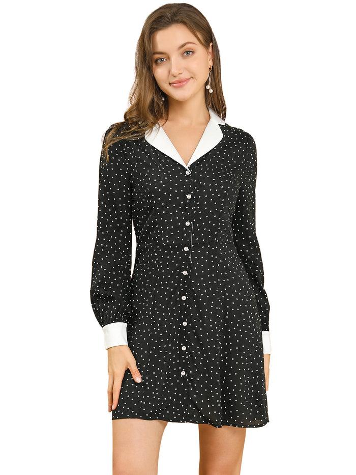 Allegra K Polka Dots Peter Pan Contrast Collar Party Shirt Dress