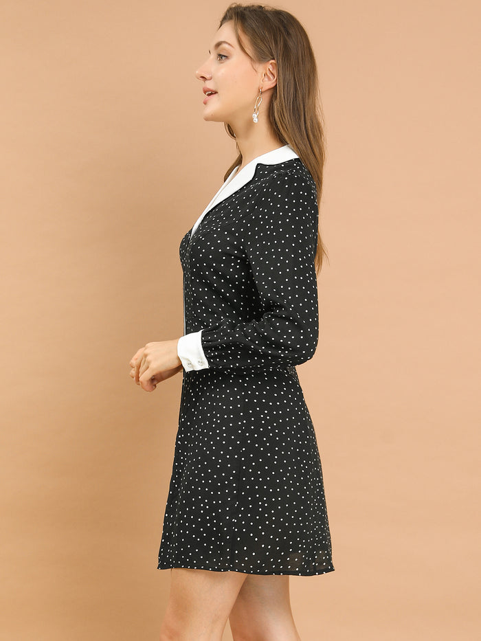 Allegra K Polka Dots Peter Pan Contrast Collar Party Shirt Dress