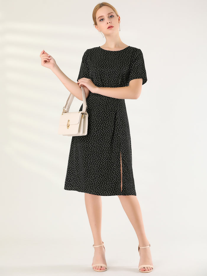 Allegra K Polka Dots Short Sleeve Slit Front Casual Office Midi Dress
