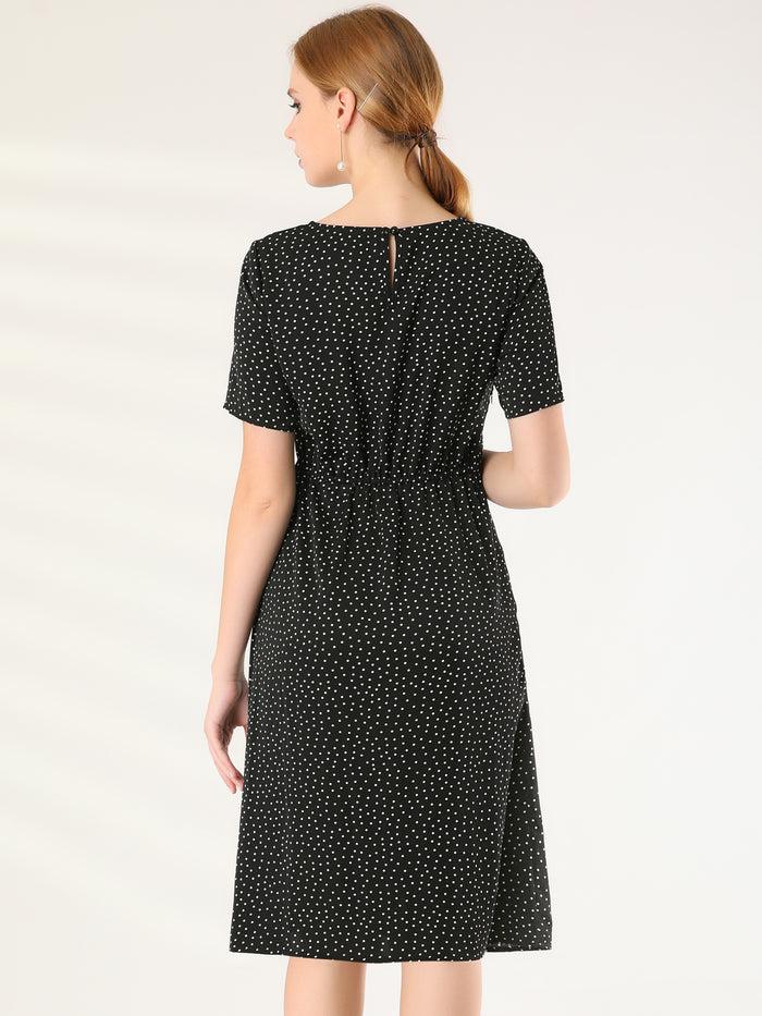 Allegra K Polka Dots Short Sleeve Slit Front Casual Office Midi Dress
