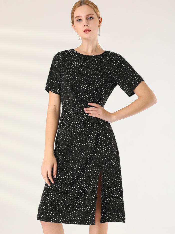allegra k Polka Dots Short Sleeve Slit Front Casual Office Midi Dress