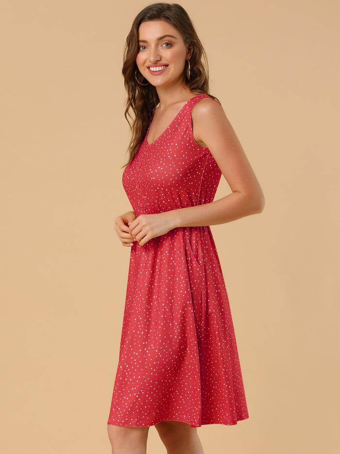 Allegra K Polka Dots Sleeveless Dress Elastic Waist Midi Sundress With Pockets