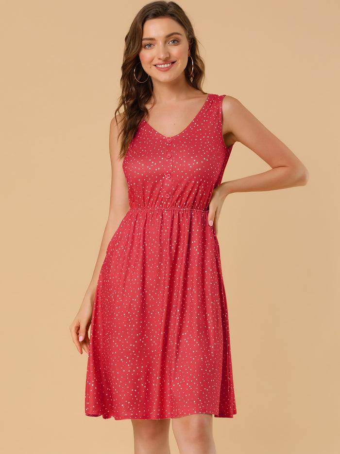 Allegra K Polka Dots Sleeveless Dress Elastic Waist Midi Sundress With Pockets