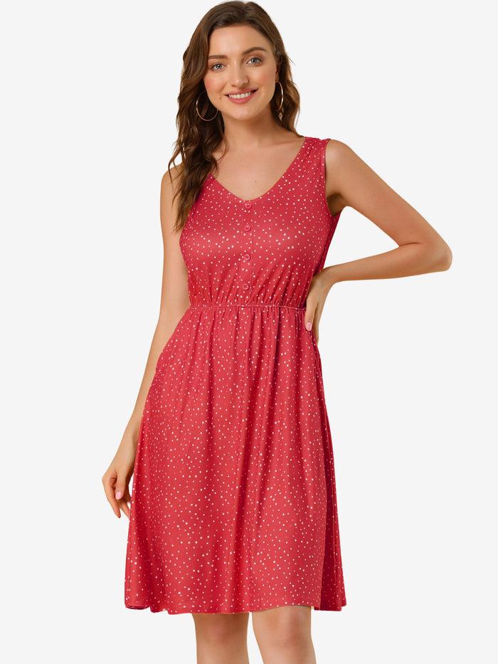 allegra k Polka Dots Sleeveless Dress Elastic Waist Midi Sundress with Pockets