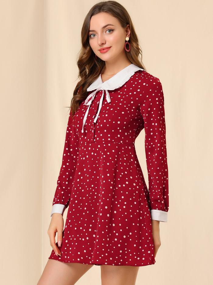 Allegra K Polka Dots Sweet Tie Neck Contrast Peter Pan Collar Dress