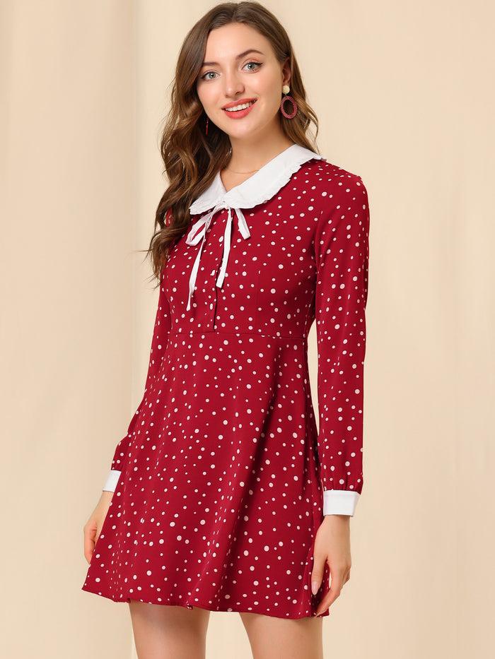 allegra k Polka Dots Sweet Tie Neck Contrast Peter Pan Collar Dress