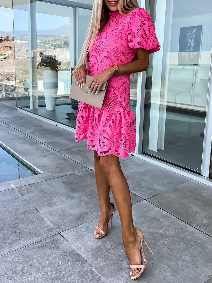 Allegra K Premium Hollow Water Soluble Double-Layer Lace Elegant Breathable Commuter Dress