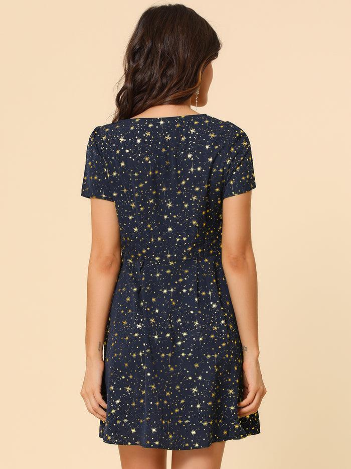 Allegra K Printed Casual Square Neck Short Sleeve Fit And Flare Dress