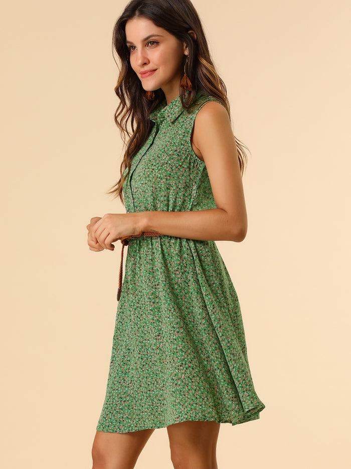 Allegra K Printed Half Placket Above Knee Sleeveless Belted Dress