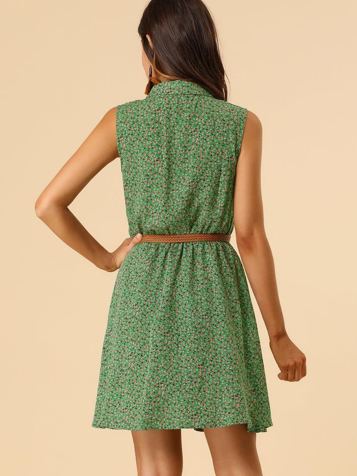 Allegra K Printed Half Placket Above Knee Sleeveless Belted Dress