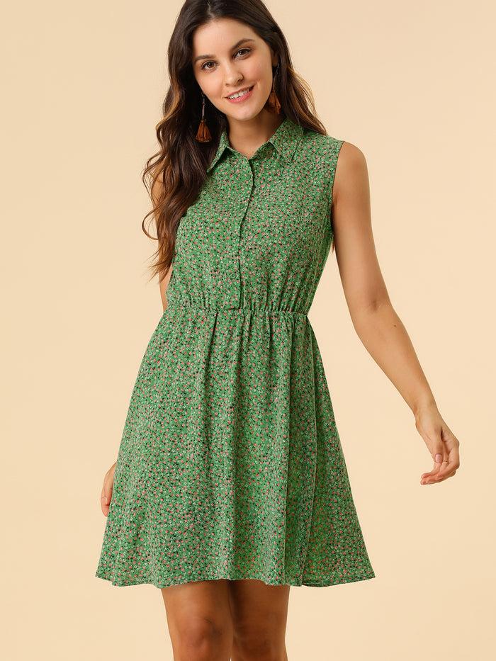 Allegra K Printed Half Placket Above Knee Sleeveless Belted Dress