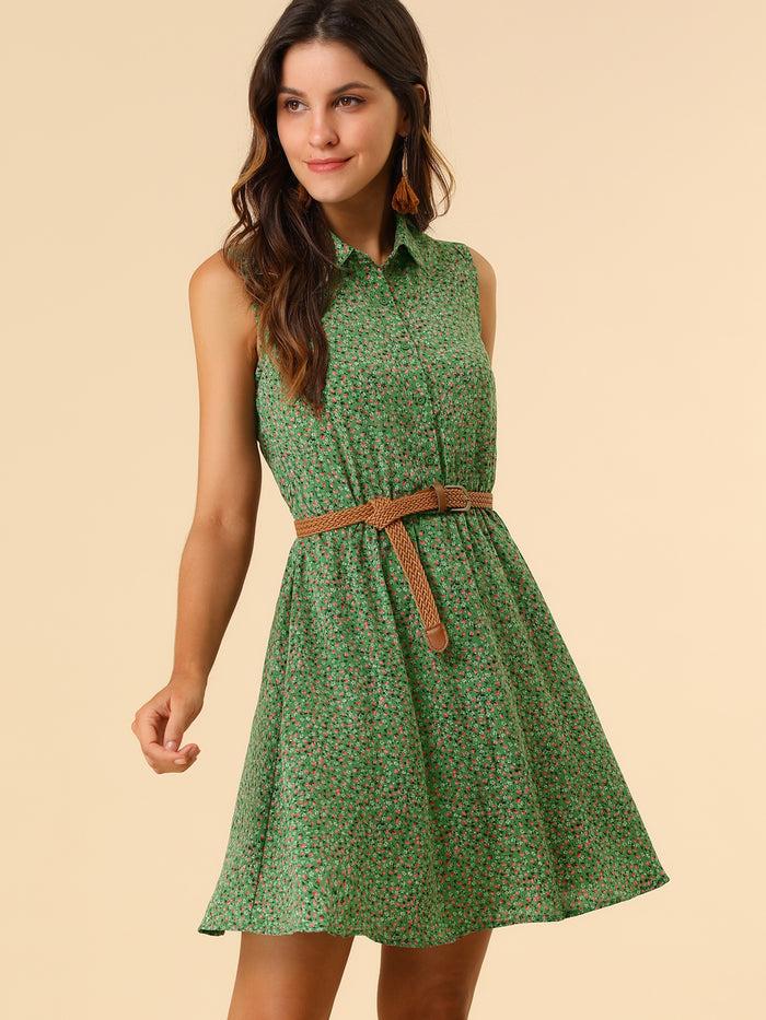 allegra k Printed Half Placket Above Knee Sleeveless Belted Dress