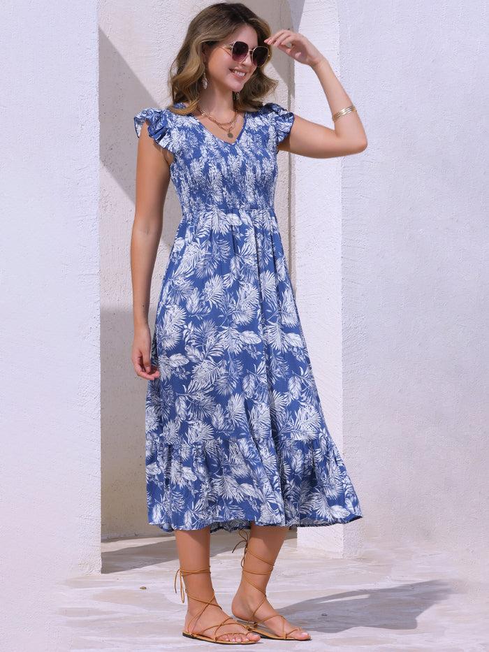 Allegra K Printed V Neck Ruffle Cap Sleeve A-Line Beach Midi Dress