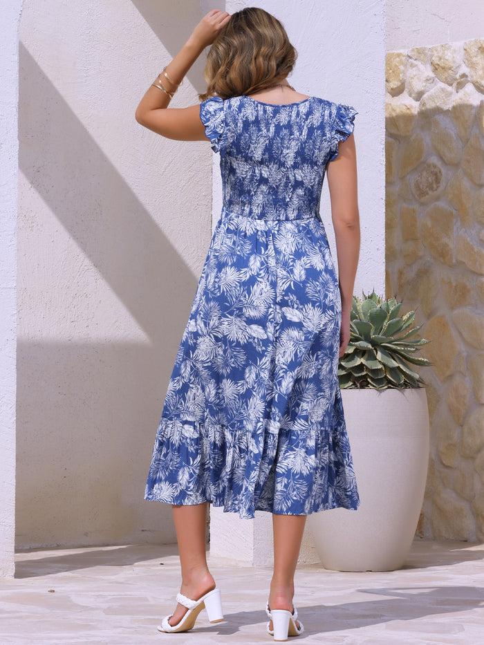 Allegra K Printed V Neck Ruffle Cap Sleeve A-Line Beach Midi Dress