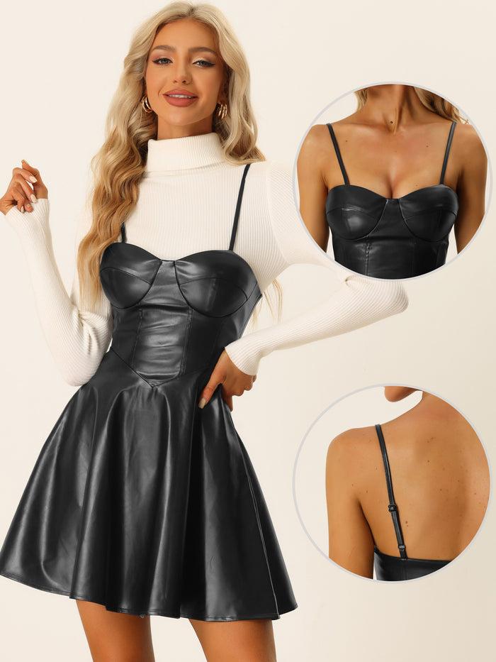Allegra K PU Spaghetti Strap Sweetheart Neckline A-line Dress