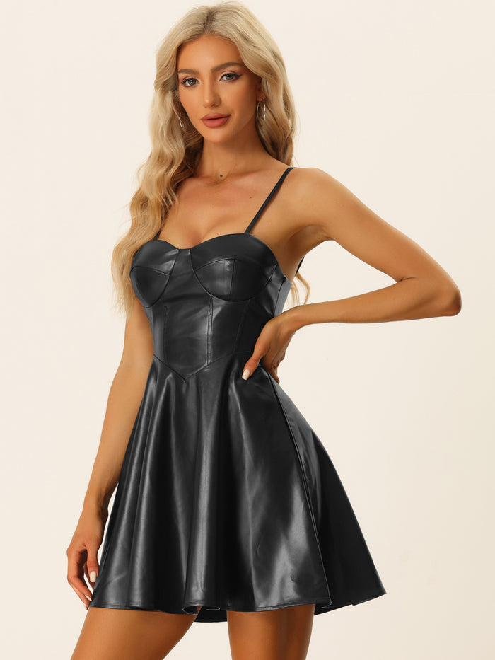 allegra k PU Spaghetti Strap Sweetheart Neckline A-line Dress