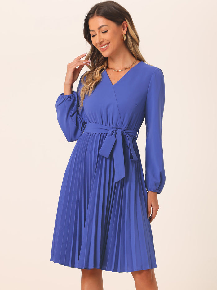 allegra k Puff Long Sleeve Flowy A-Line Tie Waist Pleated Midi Dress