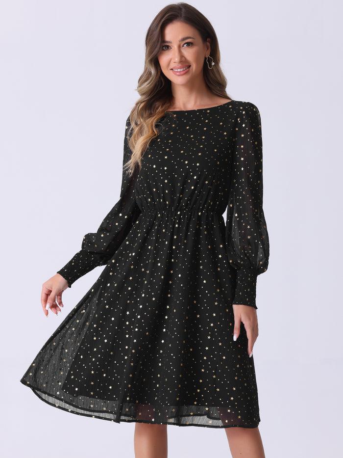 allegra k Puff Long Sleeve Metallic Stars Boat Neck Pockets Mesh Midi Dress
