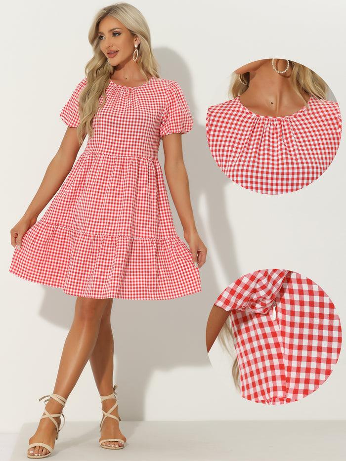 Allegra K Puff Short Sleeve Crewneck High Waist Casual Tiered Dress