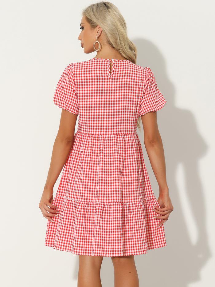 Allegra K Puff Short Sleeve Crewneck High Waist Casual Tiered Dress