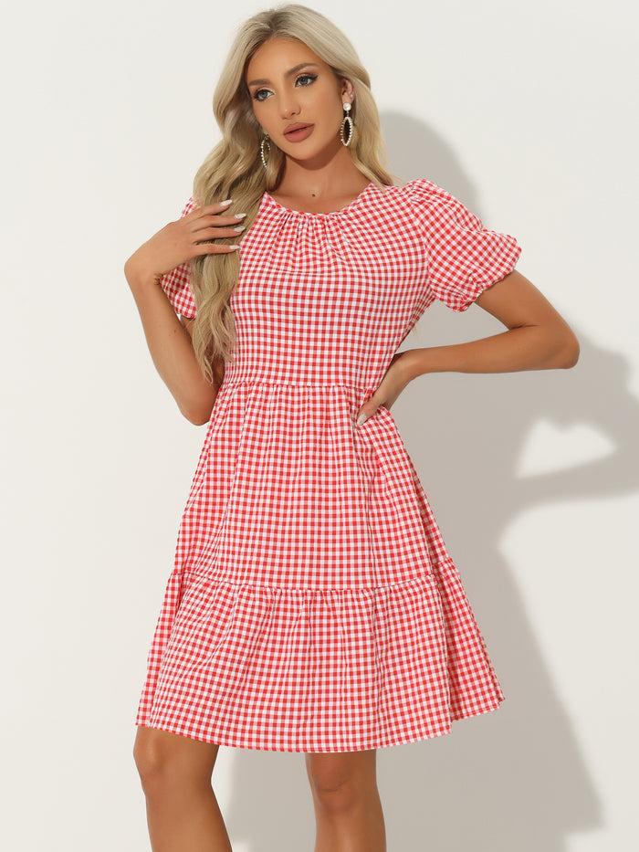 allegra k Puff Short Sleeve Crewneck High Waist Casual Tiered Dress