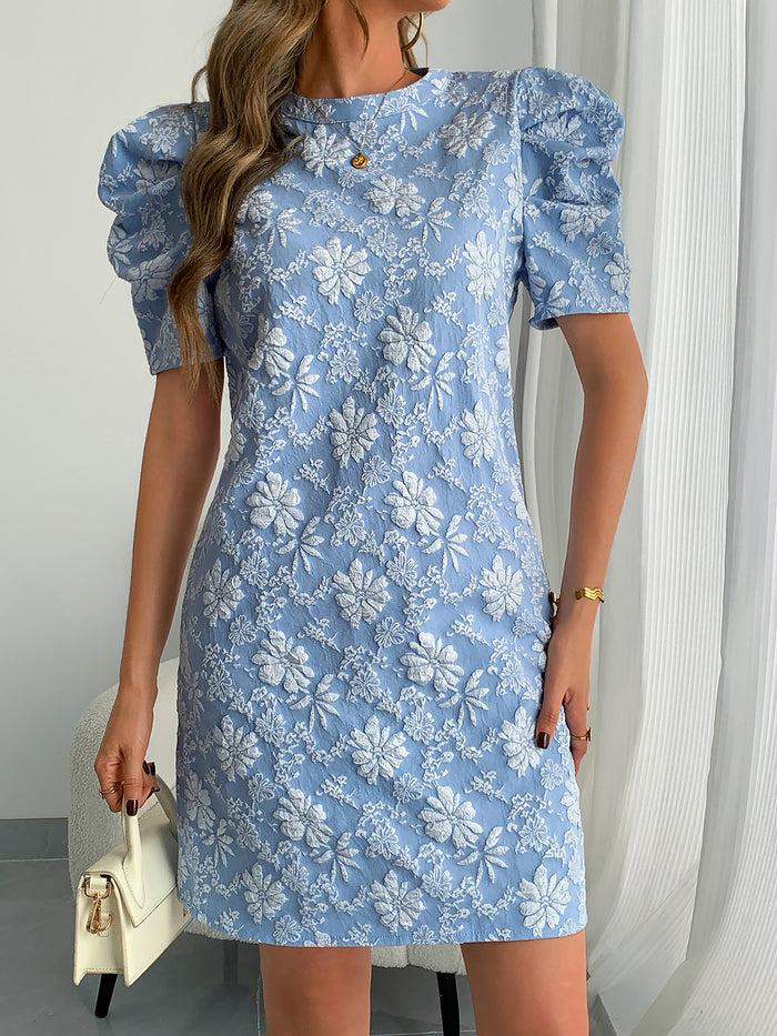 Allegra K Puff Short Sleeve Floral Textured Mini Dress