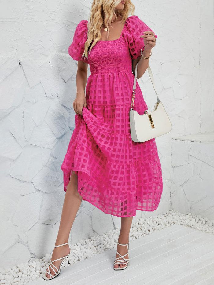 Allegra K Puff Short Sleeve Off Shoulder Smocked Midi Dress