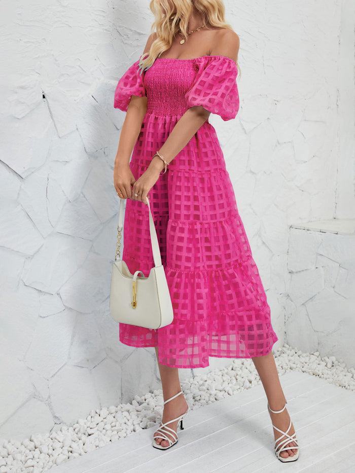 Allegra K Puff Short Sleeve Off Shoulder Smocked Midi Dress