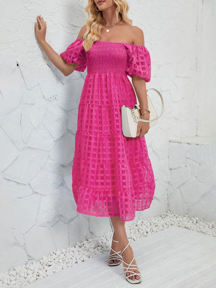 allegra k Puff Short Sleeve Off Shoulder Smocked Midi Dress
