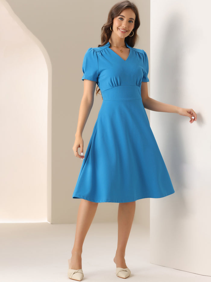 Allegra K Puff Short Sleeve V Neck A-Line Midi Dress