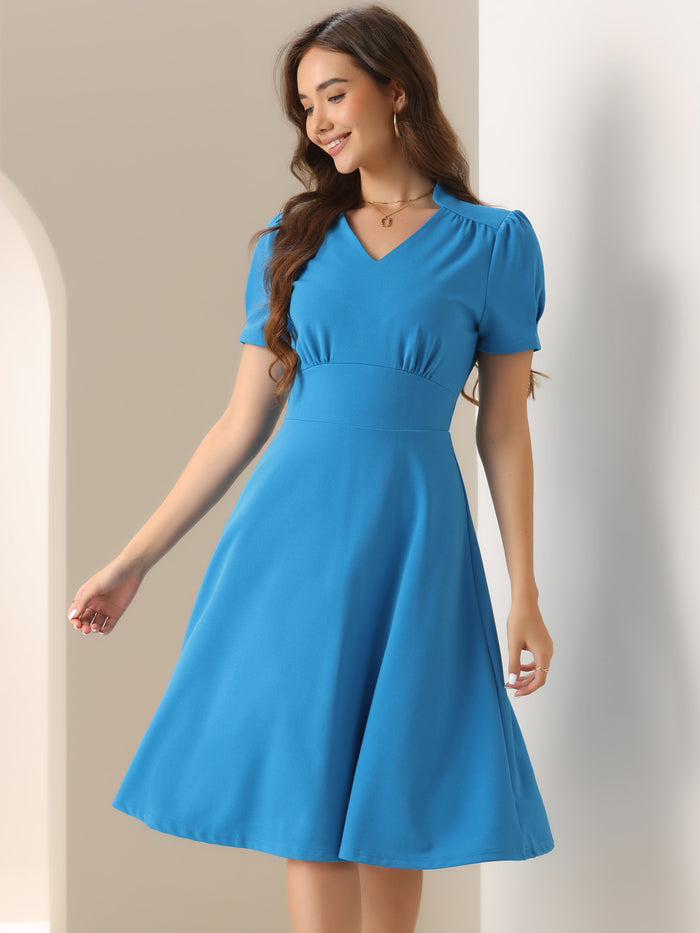 allegra k Puff Short Sleeve V Neck A-Line Midi Dress