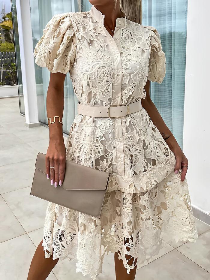 Allegra K Puff Short Sleeves Lace Belted Midi Dress