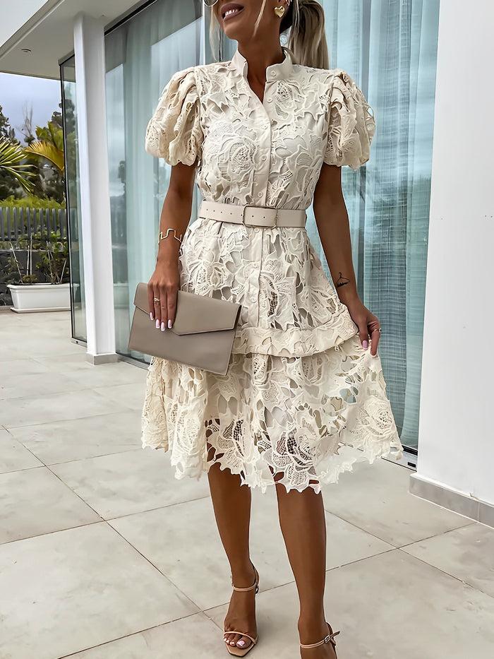 allegra k Puff Short Sleeves Lace Belted Midi Dress