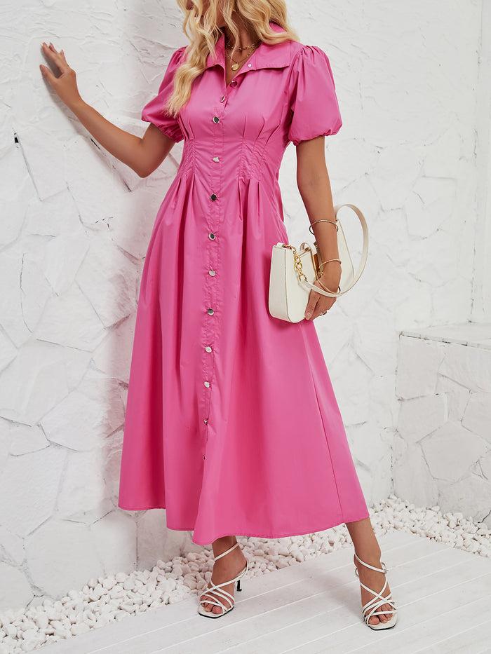 Allegra K Puff Sleeve Button Down Solid Color Shirt Dress