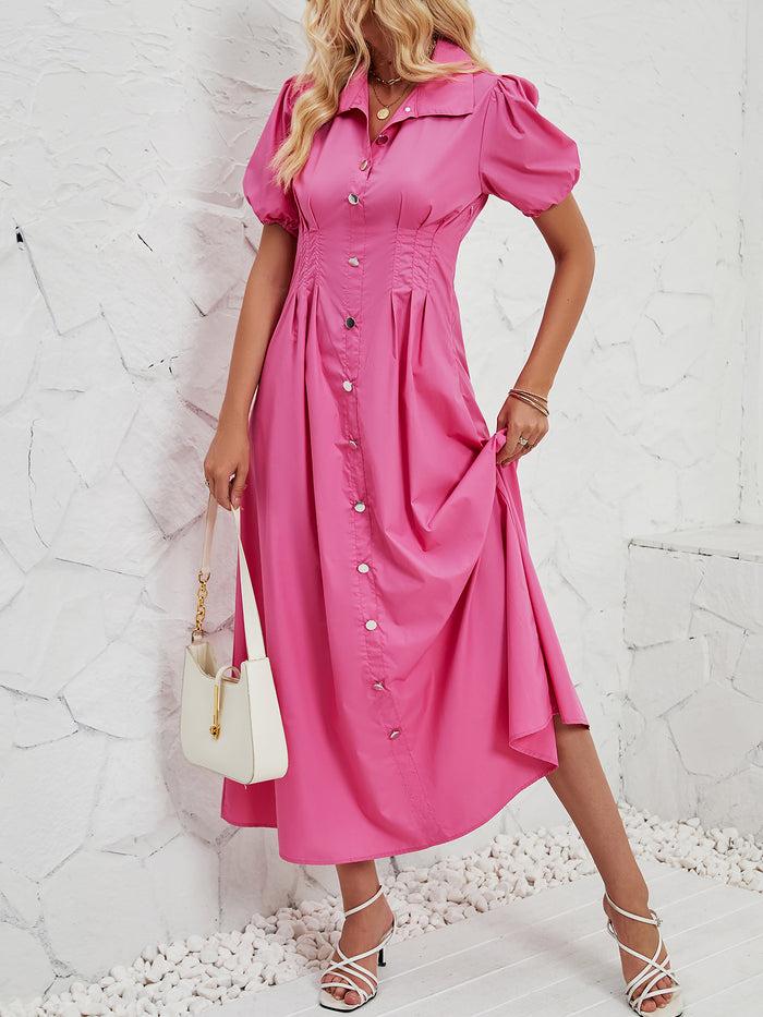 Allegra K Puff Sleeve Button Down Solid Color Shirt Dress