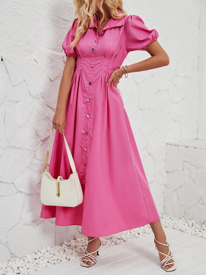 allegra k Puff Sleeve Button Down Solid Color Shirt Dress