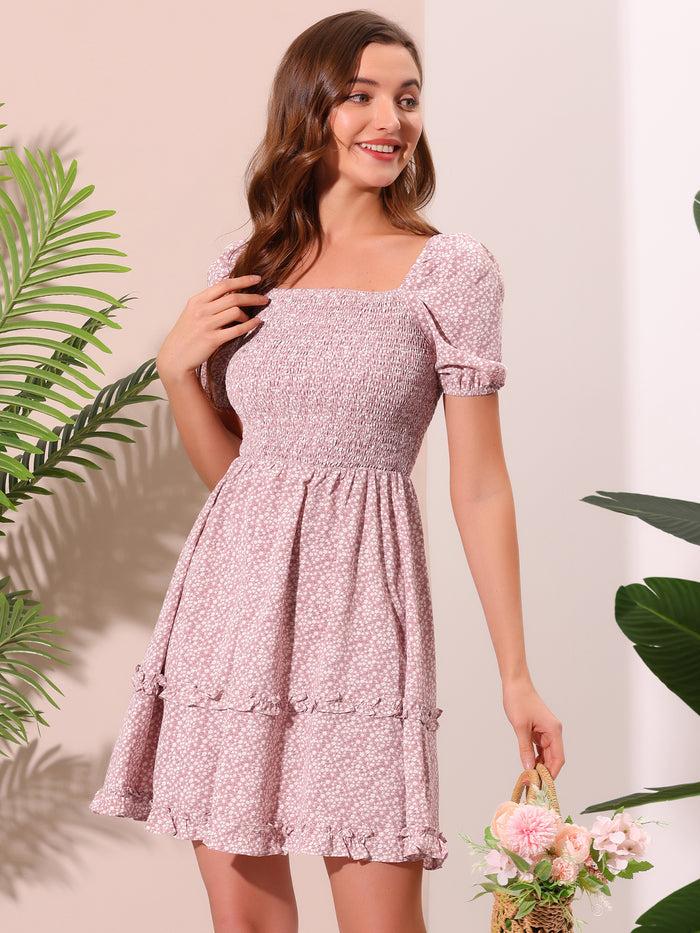 allegra k Puff Sleeve Ruffle Hem Square Neck Floral Smocked Dress